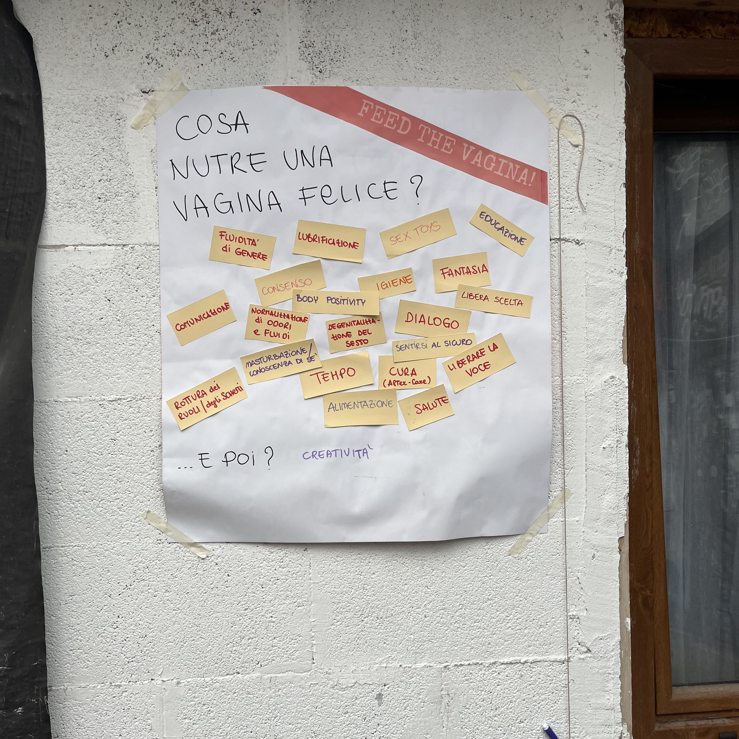 This photo shows a poster that was made during an earlier workshop. It is in italian, but roughly translated it asks what nurtures a happy vagina? People have placed sticky notes on the poster with various answers, such as lubrificcation, communication, body positivity, hygiene, care and free choice. 